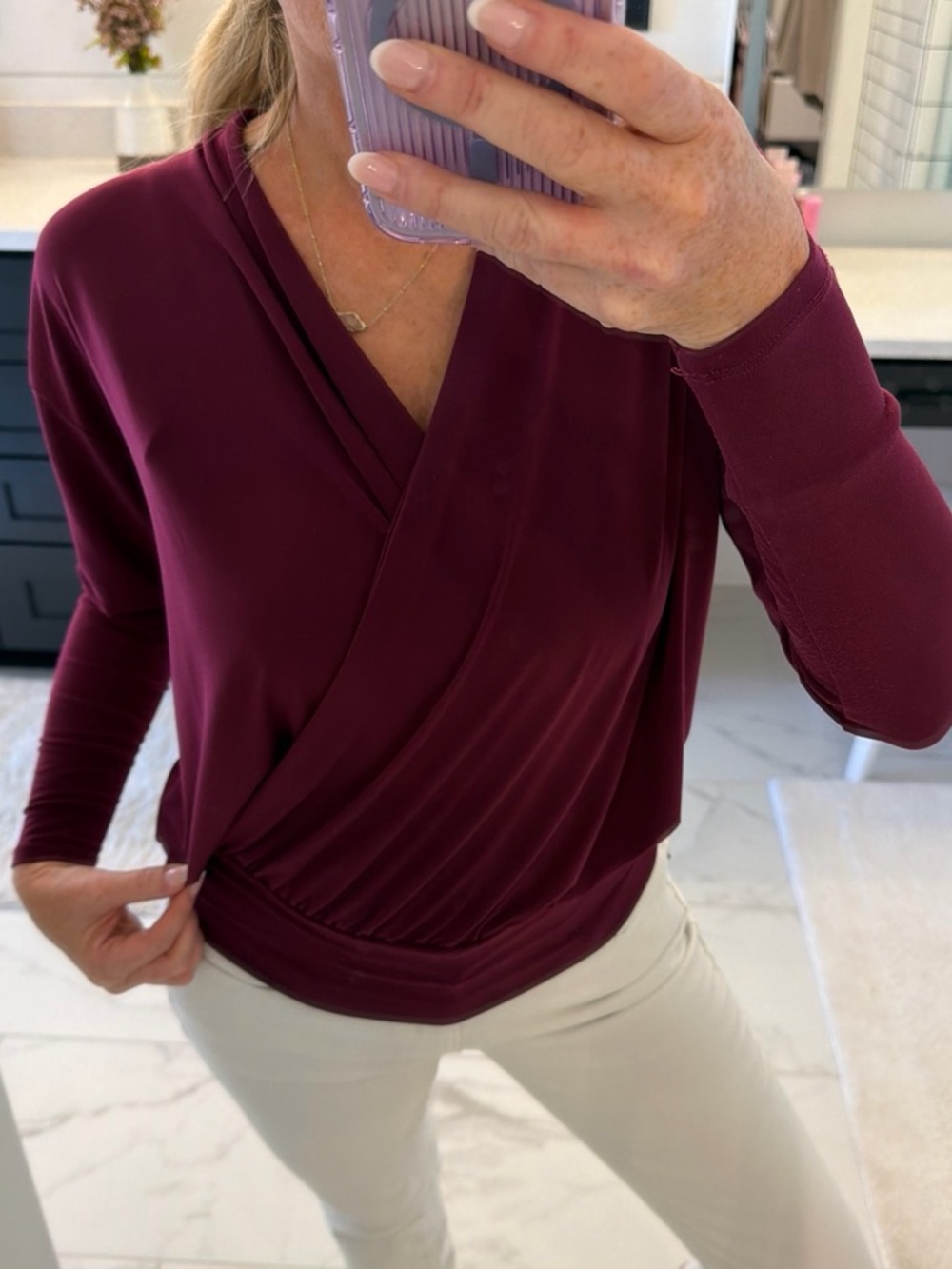 Ann Taylor Long-Sleeve Surplice Top in Plum